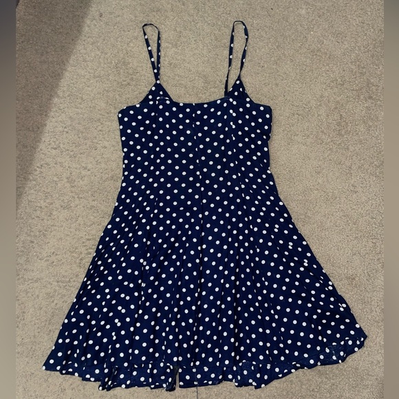 90s vintage Moda Intl navy blue polkadot a line dress, size 8 - Picture 4 of 7